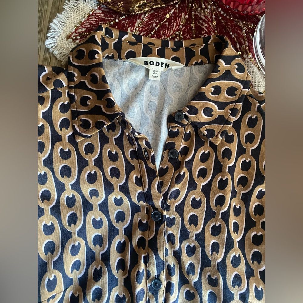 Boden Laura Jersey Midi Shirt DressCamel Geo Chain Long Sleeve Sz 8 - Picture 4 of 11